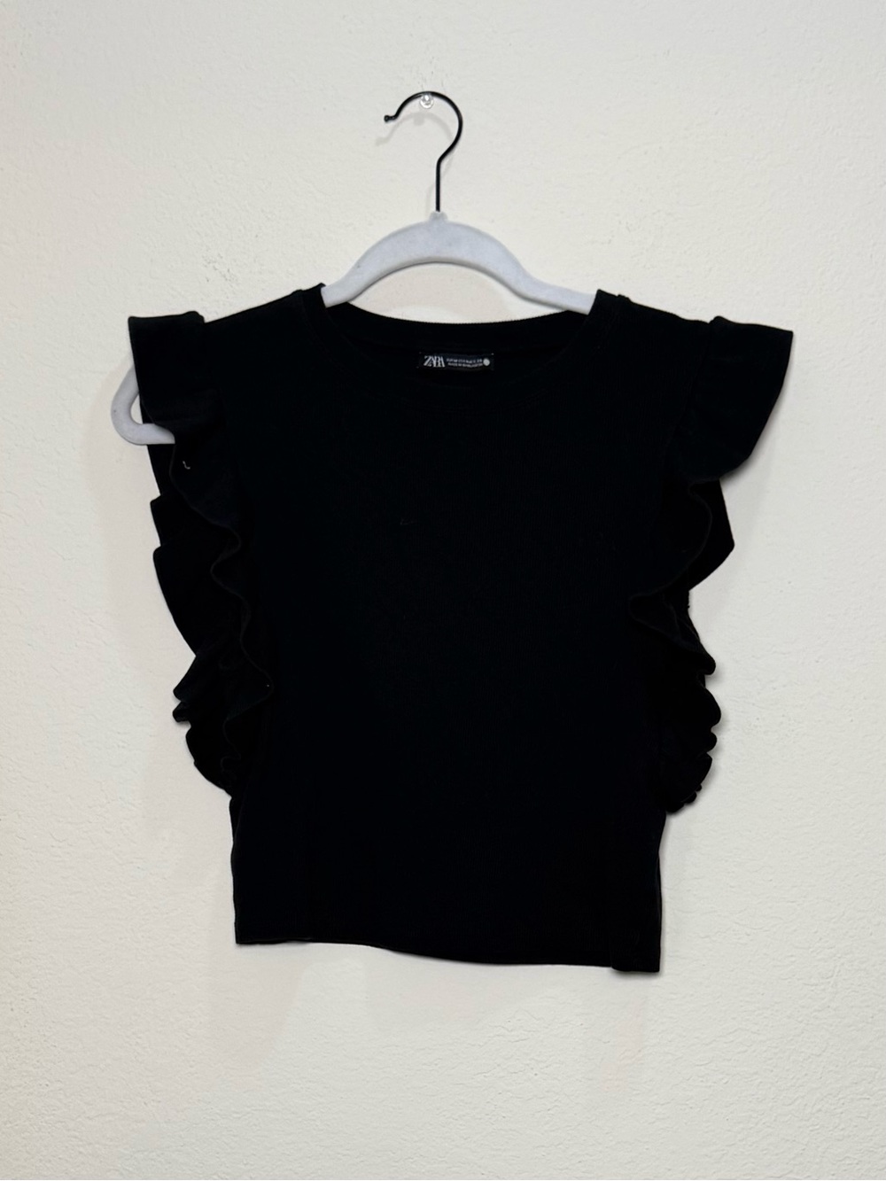 Zara Black Ruffle Sleeve Top Medium Chic Minimal